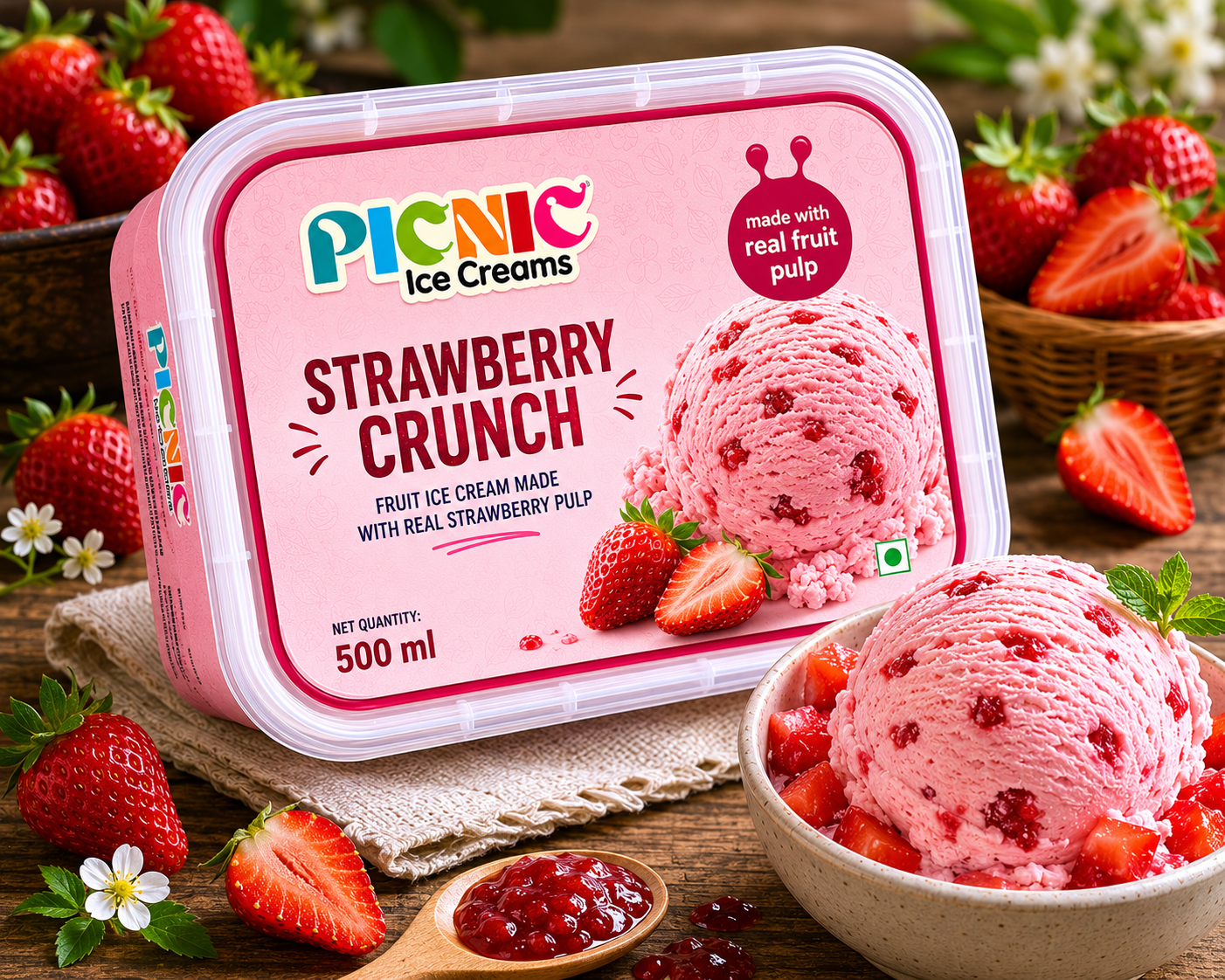 Luxury Strawberry crunch Ice cream - 500ml Tub